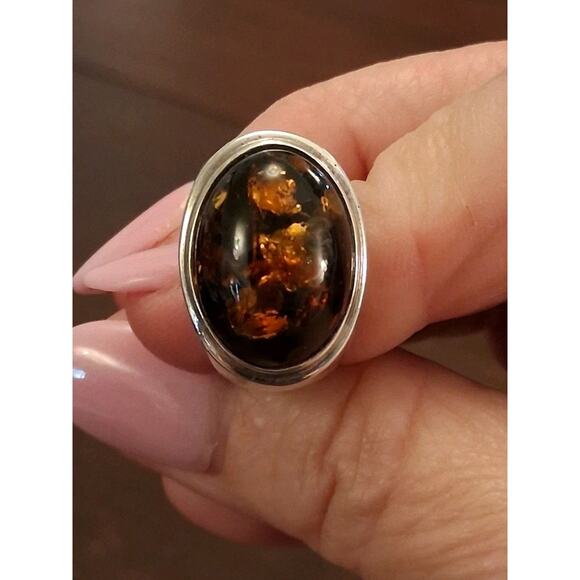 Vintage Baltic Amber, Signed, Size 6.25, Made in Poland, 925 SS, Art Noveau - Picture 1 of 8